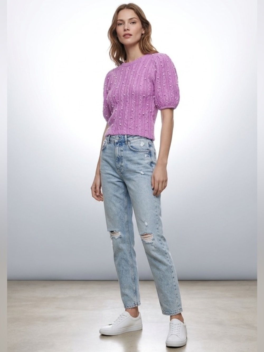 Zara Barbie Pink Cable Knit Pearl Sweater
